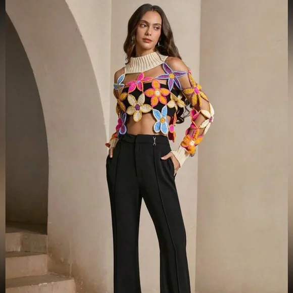 Floral crochet knit sweater mock turtleneck neck rainbow multicolor cropped NWT - Picture 5 of 6